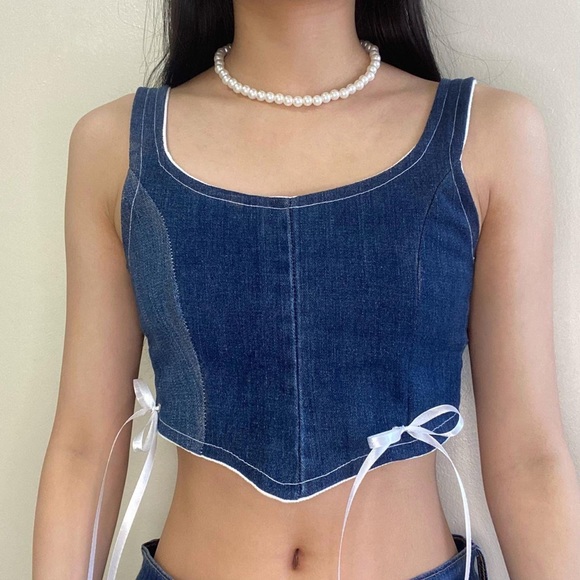 Super cute denim hand made sewn corset top with a lace back. White ribbon, bows - Picture 2 of 4